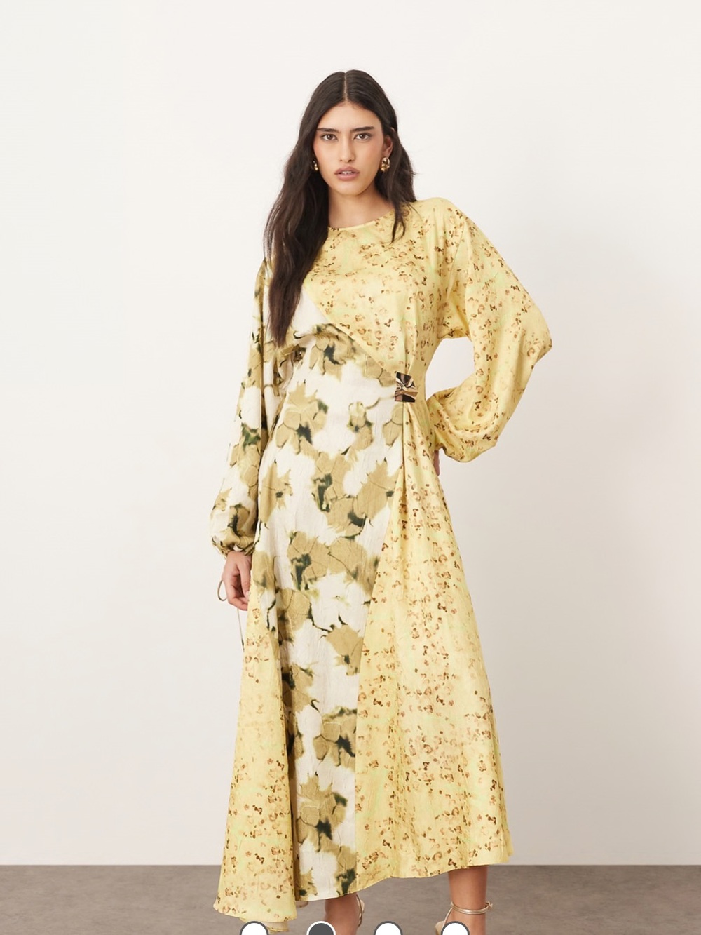 Arrange Yellow Crinkle Satin Long Sleeve Balloon Sleeve Dress Gold Accent US 10